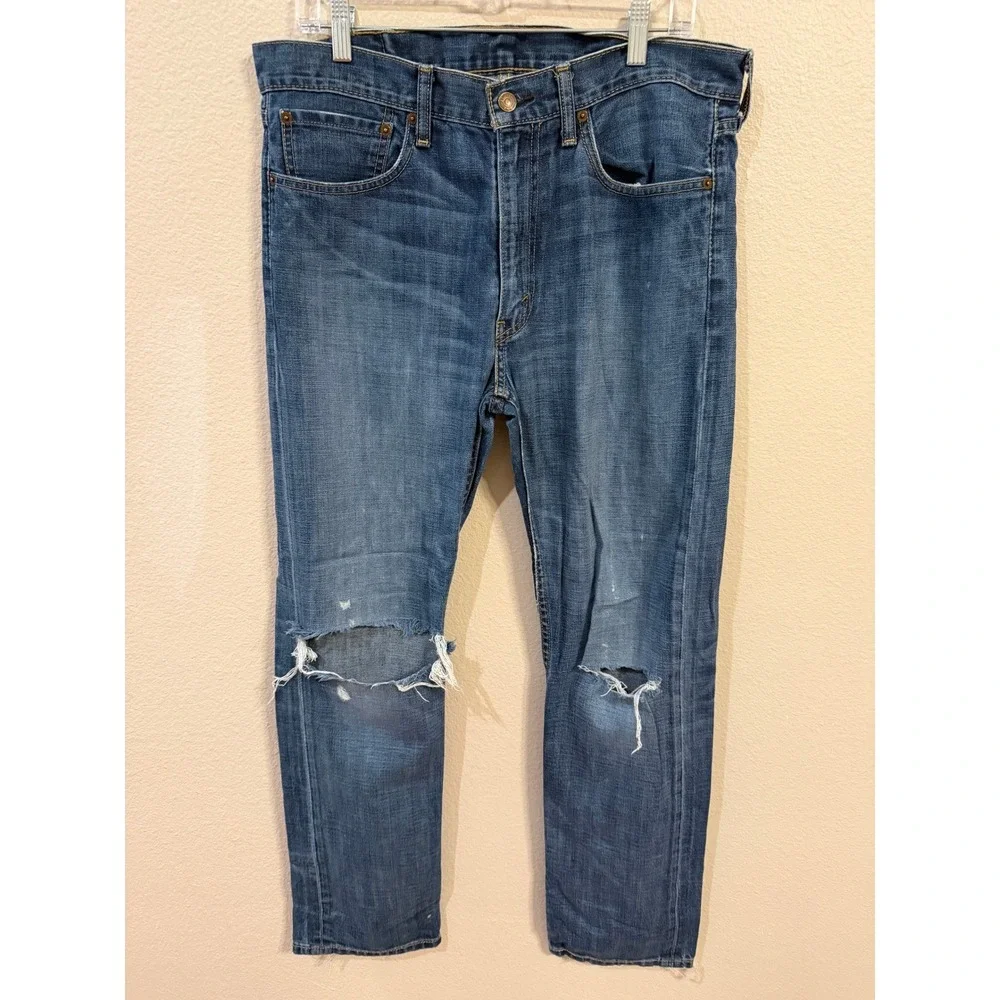 Levi's 513 Mens Jeans 34x32 Slim Straight Blue Distressed Ripped